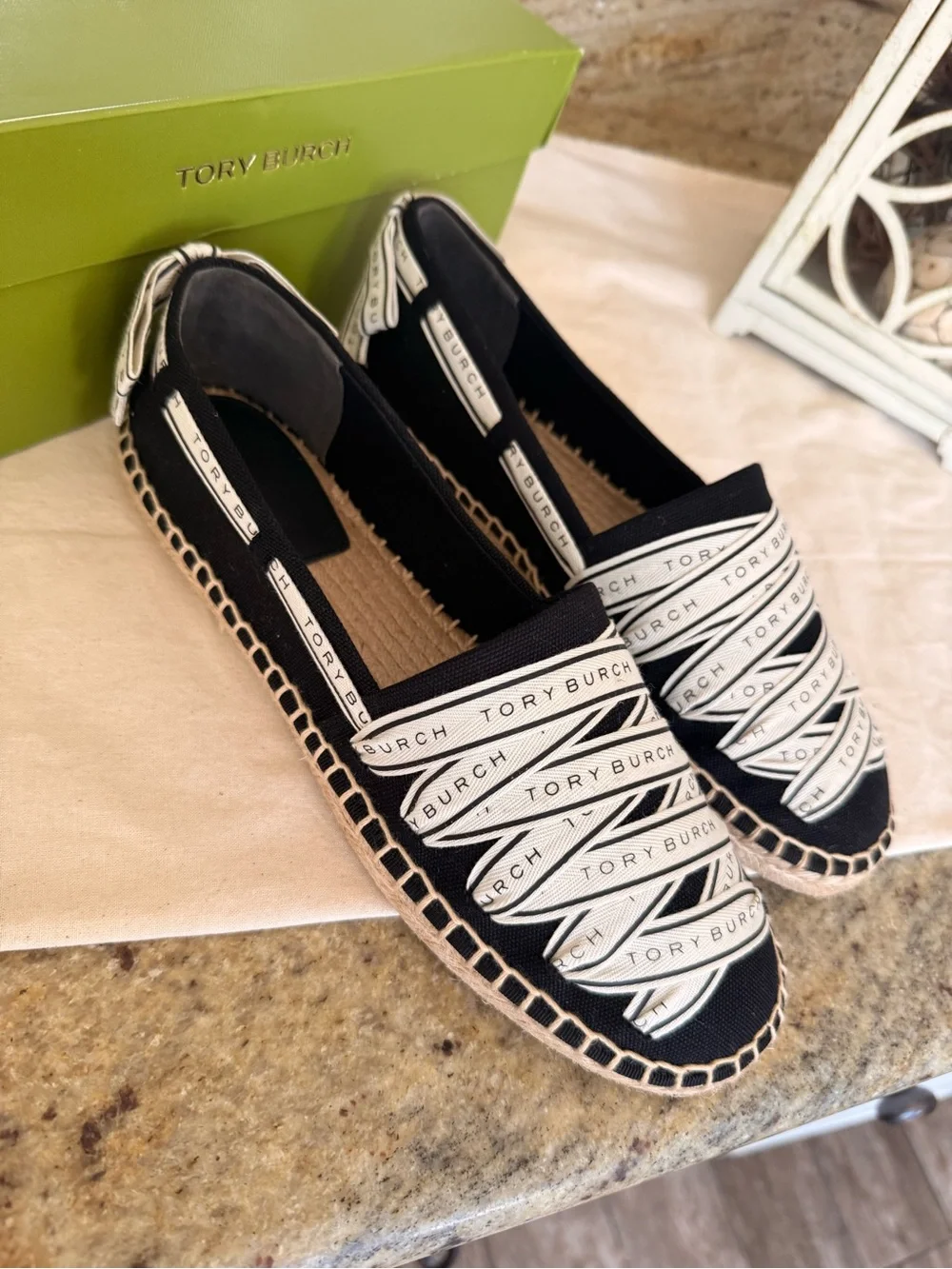 New TORY BURCH RIBBON ESPADRILLE OLONA IT - CANVAS Black/NEW CREAM